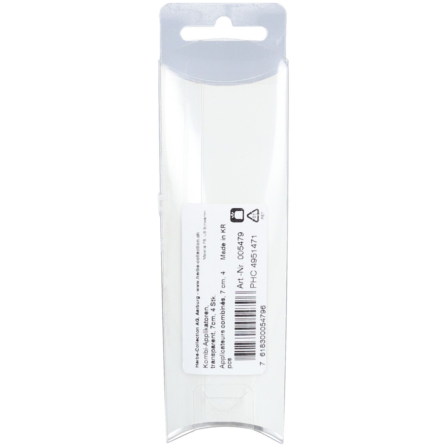 Rückseite der Verpackung. Transparente Verpackung mit Produktinformationen und Barcode.