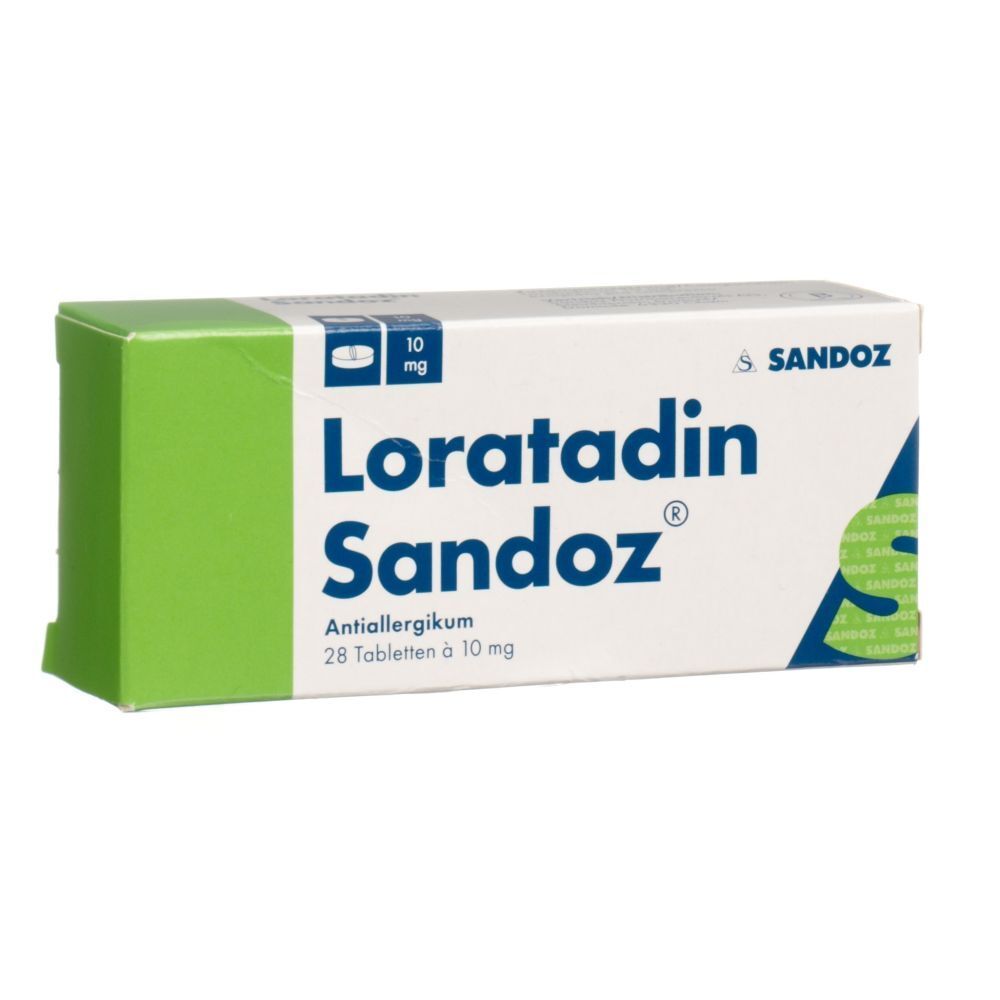 Schachtel mit LORATADIN Sandoz Tabletten. Weißer Karton mit grüner Ecke. Aufschrift: LORATADIN Sandoz, 28 Tabletten à 10 mg.
