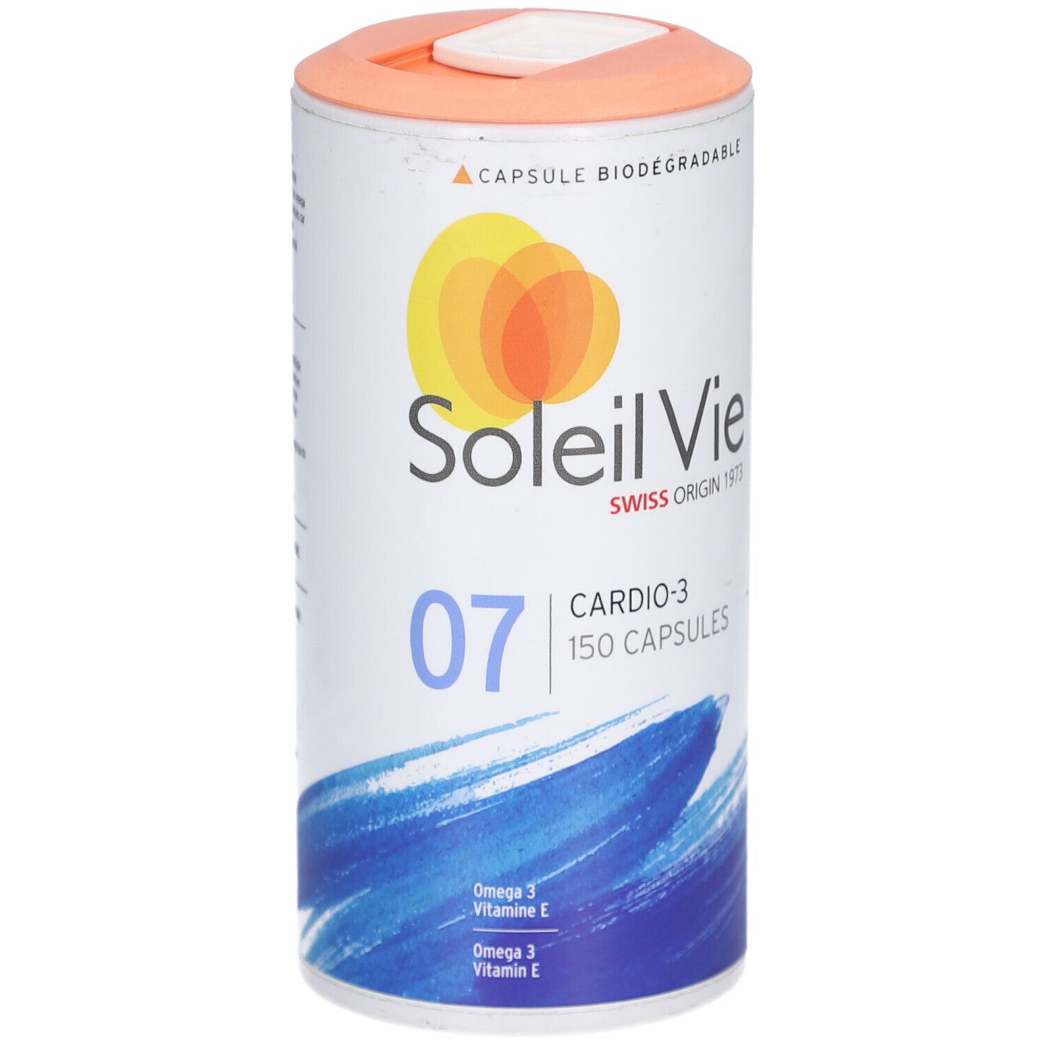 Zylindrische Dose mit SOLEIL VIE Cardio-3 Kapseln. Orangefarbener Deckel, weißer Korpus mit Produktinformationen und Logo. 150 Kapseln.