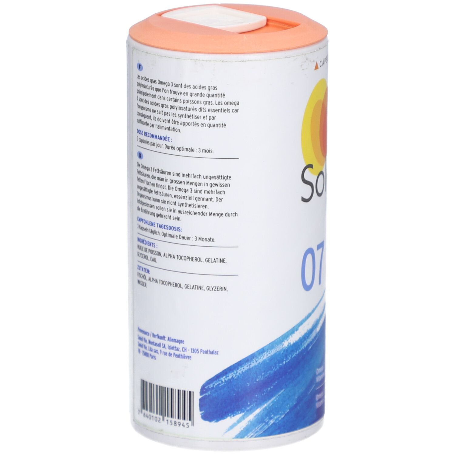 Rückseite der SOLEIL VIE Cardio-3 Dose. Text in Deutsch und Französisch. Enthält Inhaltsstoffe und Dosierungsempfehlungen.