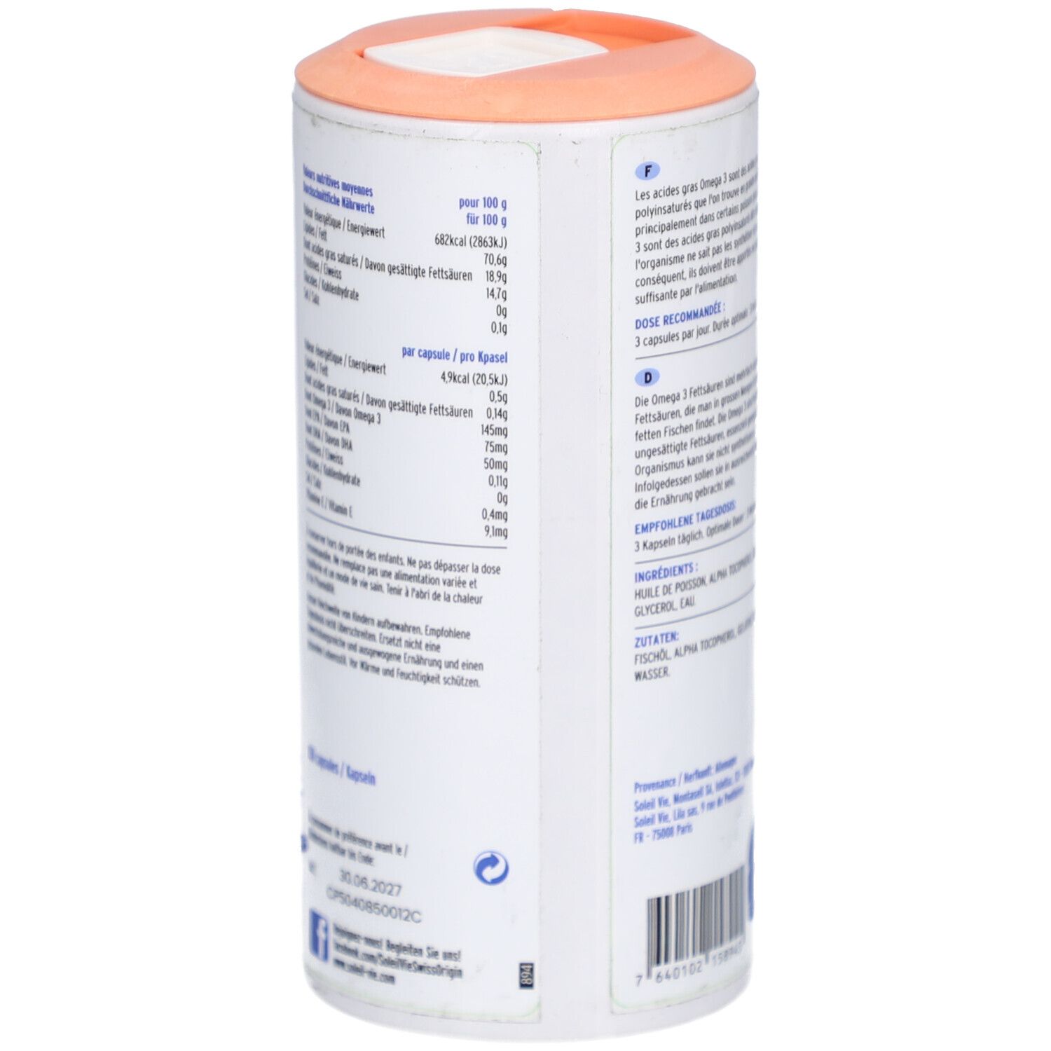 Rückseite der SOLEIL VIE Cardio-3 Dose. Nährwertangaben und Inhaltsstoffe. Text in Deutsch und Französisch.