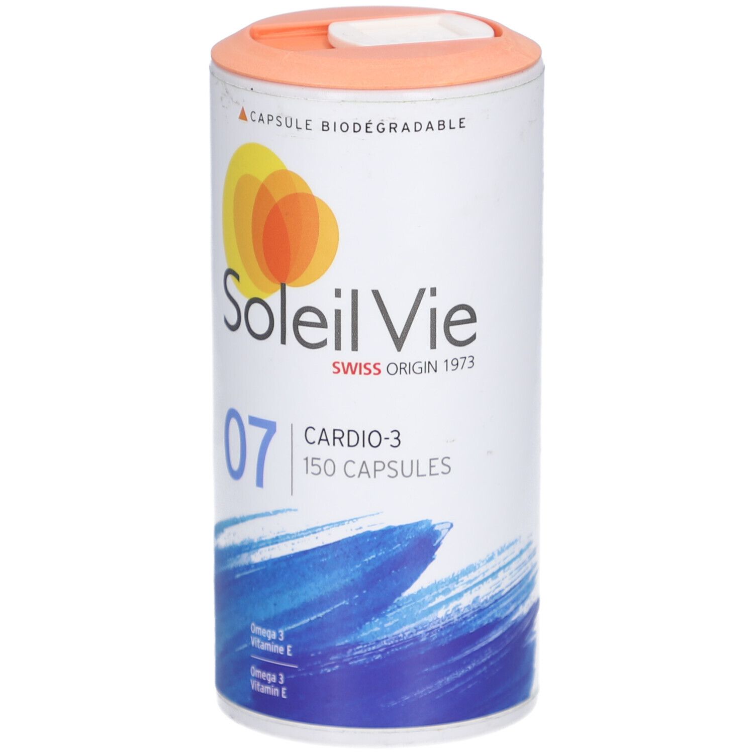 Zylindrische Dose SOLEIL VIE Cardio-3. Orangefarbener Deckel, weißer Korpus mit Produktinformationen und Logo. 150 Kapseln.