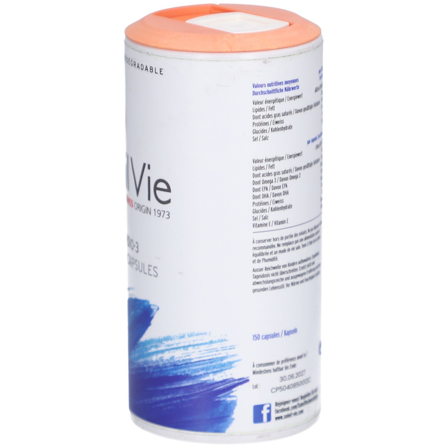 Seitenansicht der SOLEIL VIE Cardio-3 Dose. Nährwertangaben und Inhaltsstoffe. Text in Deutsch und Französisch.