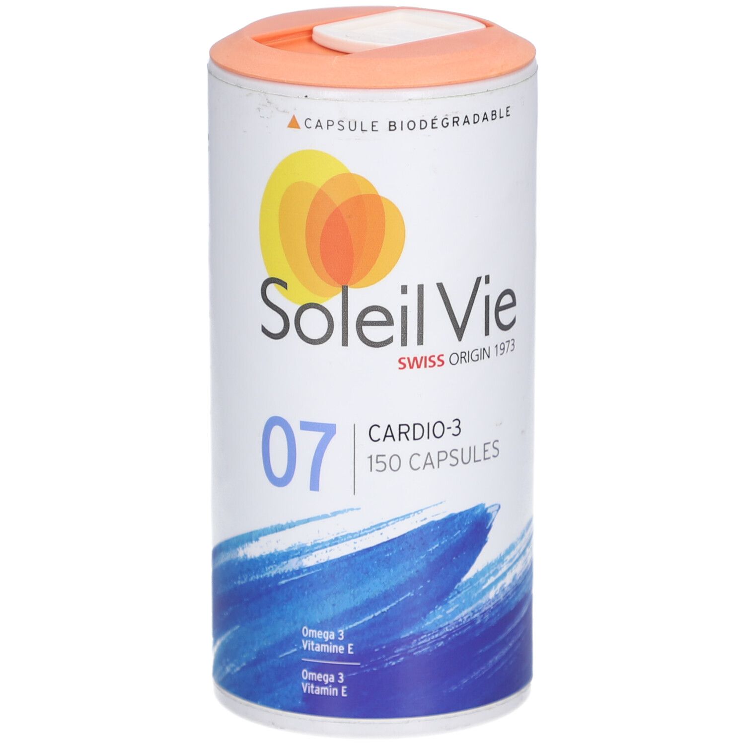 Zylindrische Dose mit SOLEIL VIE Cardio-3 Kapseln. Orangefarbener Deckel, weißer Korpus mit Produktinformationen und Logo. 150 Kapseln.
