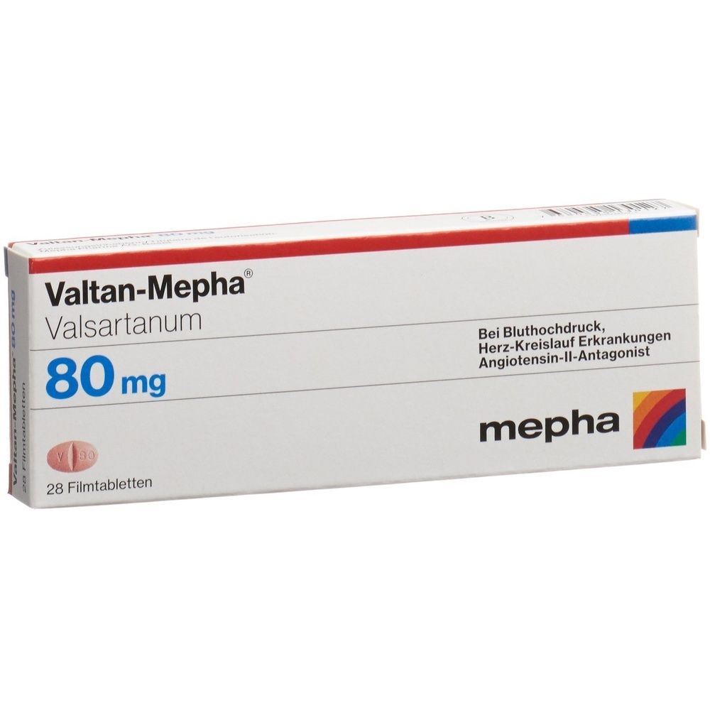 Kartonverpackung mit roter und blauer Beschriftung. Aufschrift: VALTAN Mepha Filmtabl 80 mg. 28 Stk.
