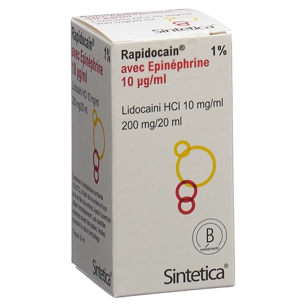 Kartonverpackung mit Produktnamen und Inhaltsangabe. Farbgebung: Weiß, Rot. Aufdruck: RAPIDOCAIN, Epin, Logo.