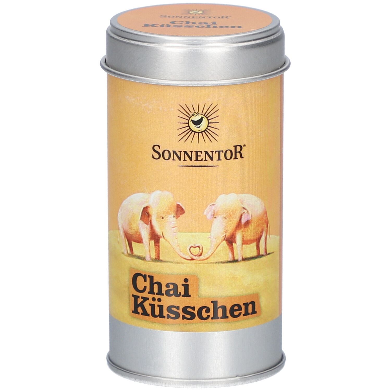 Boîte cylindrique avec couvercle. Inscription : Sonnentor, Chai Küsschen, deux éléphants. Qualité bio.