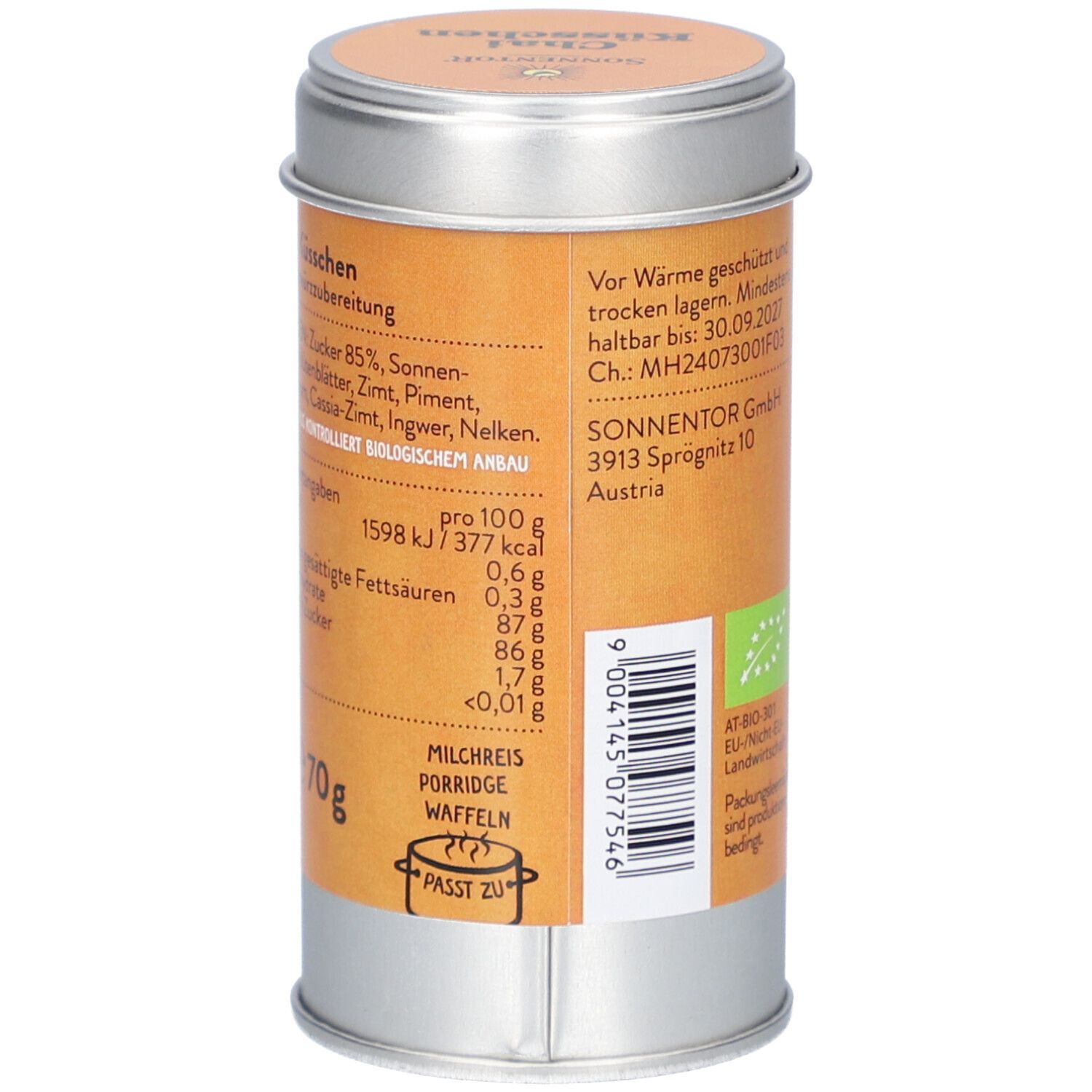 Boîte cylindrique, vue détaillée. Inscription : valeurs nutritionnelles, ingrédients, label bio. Contenu : 70g.