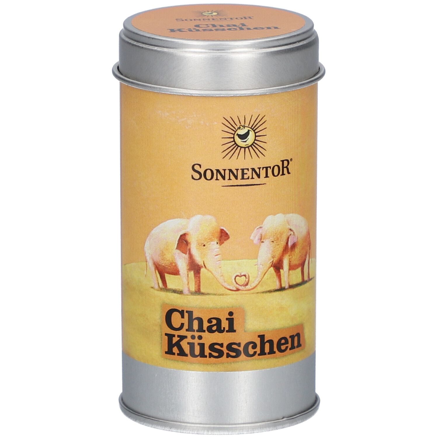 Boîte cylindrique avec couvercle. Inscription : Sonnentor, Chai Küsschen, deux éléphants. Qualité bio.