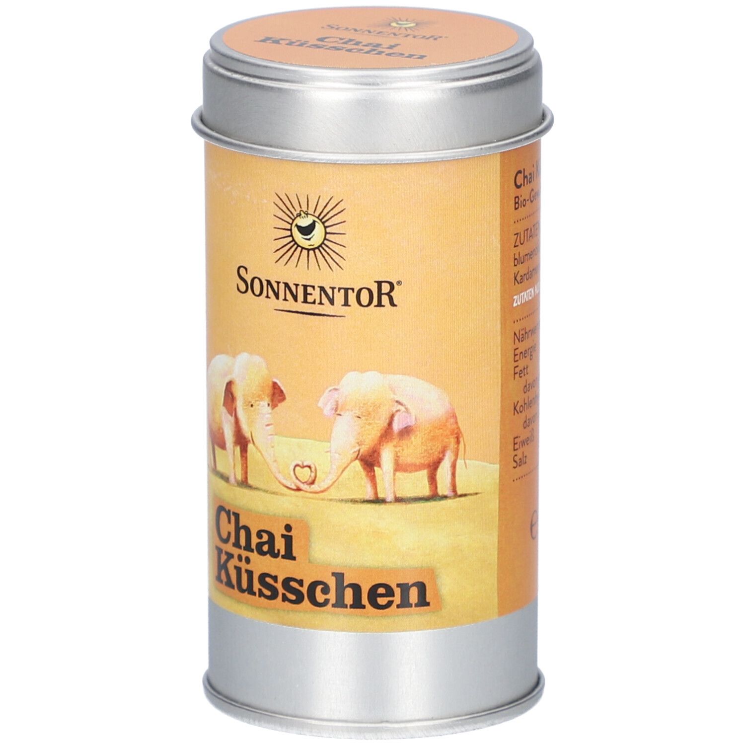 Boîte cylindrique avec couvercle. Inscription : Sonnentor, Chai Küsschen, deux éléphants. Qualité bio.