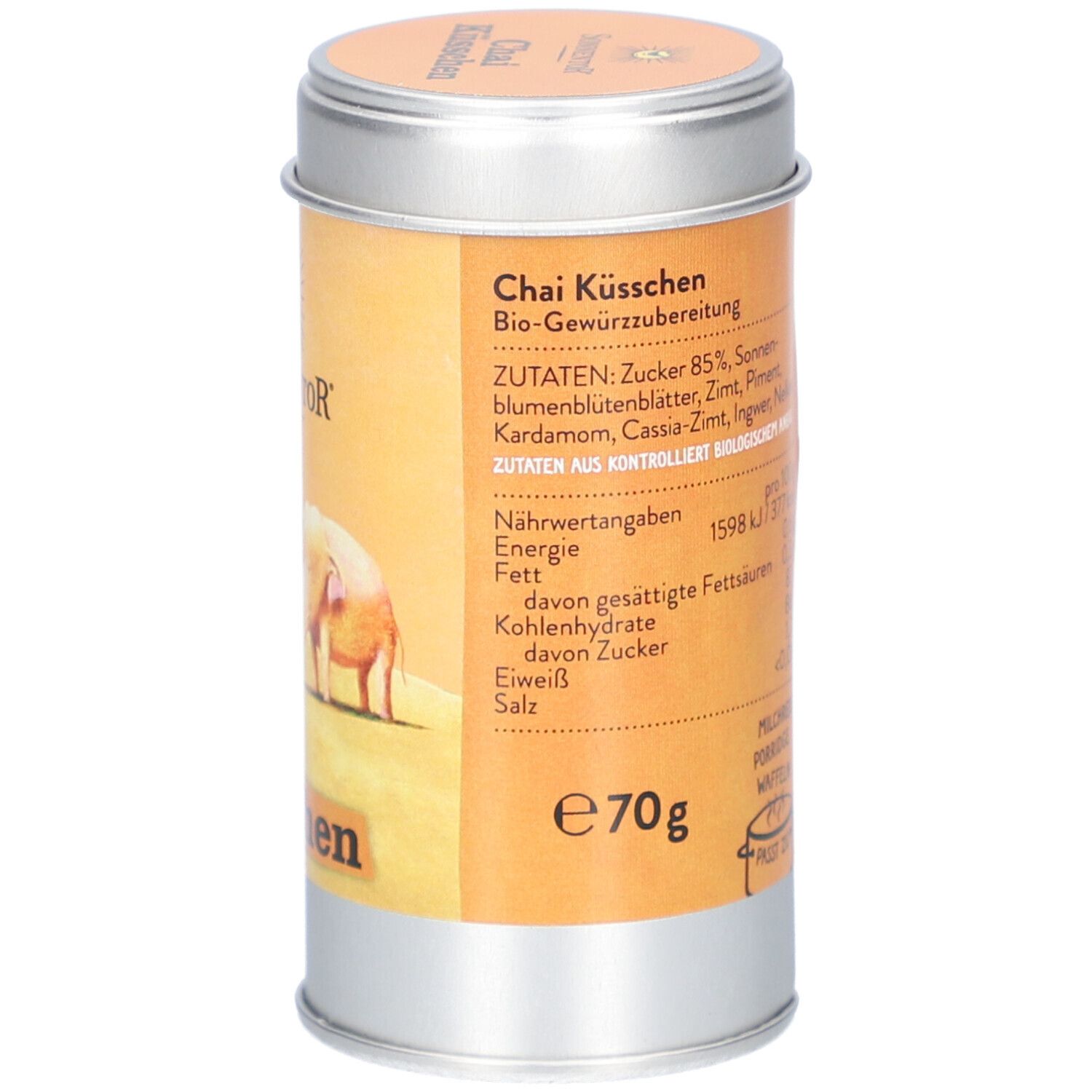 Boîte cylindrique, vue détaillée. Inscription : ingrédients, valeurs nutritionnelles, contenu 70g. Qualité bio.