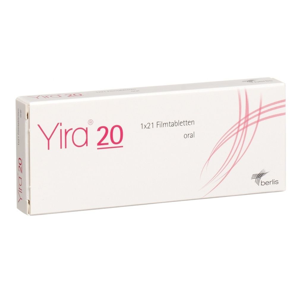Kartonverpackung mit Aufschrift YIRA 20. Rechteckige Form, weiß mit rosa Schrift. Enthält 21 Tabletten.