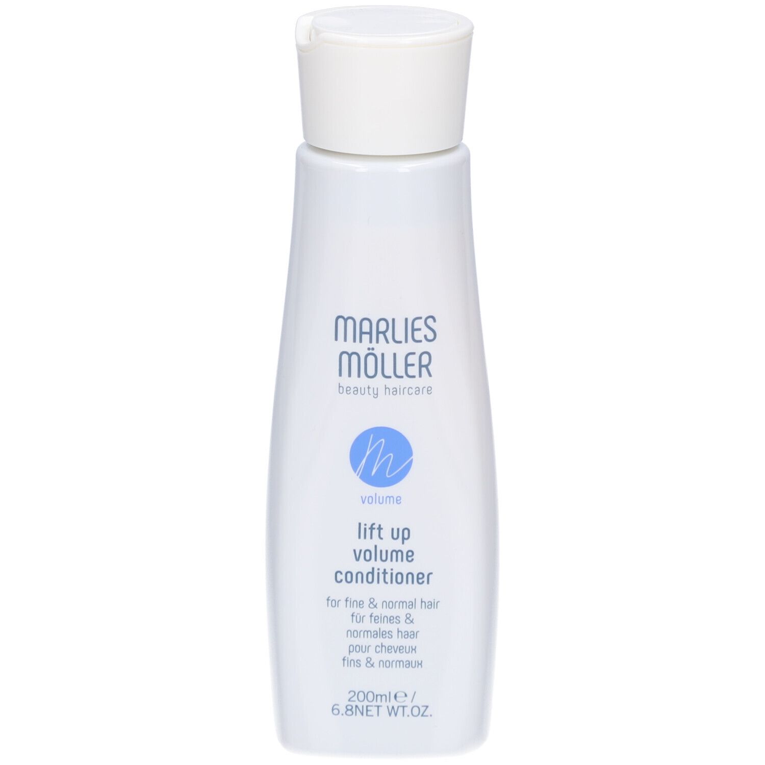 Bouteille blanche Marlies Möller Volume Conditioner. Écriture bleue. 200ml. Pour cheveux fins et normaux.