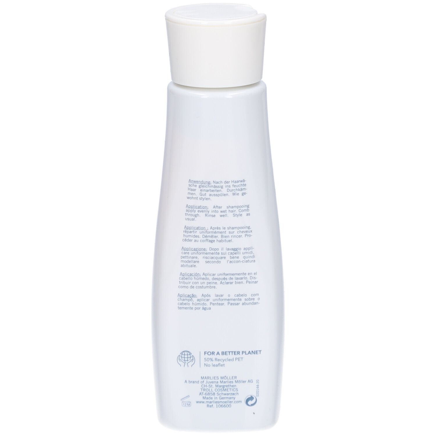 Dos de la bouteille Marlies Möller Volume Conditioner. Texte multilingue. 50% PET recyclé.