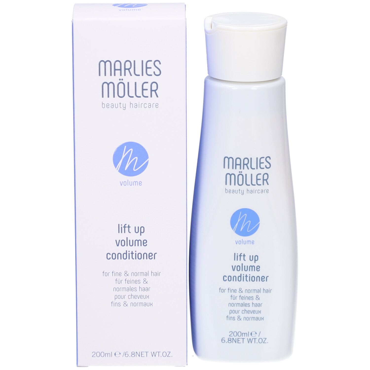 Bouteille et emballage Marlies Möller Volume Conditioner. Emballage blanc avec écriture bleue.