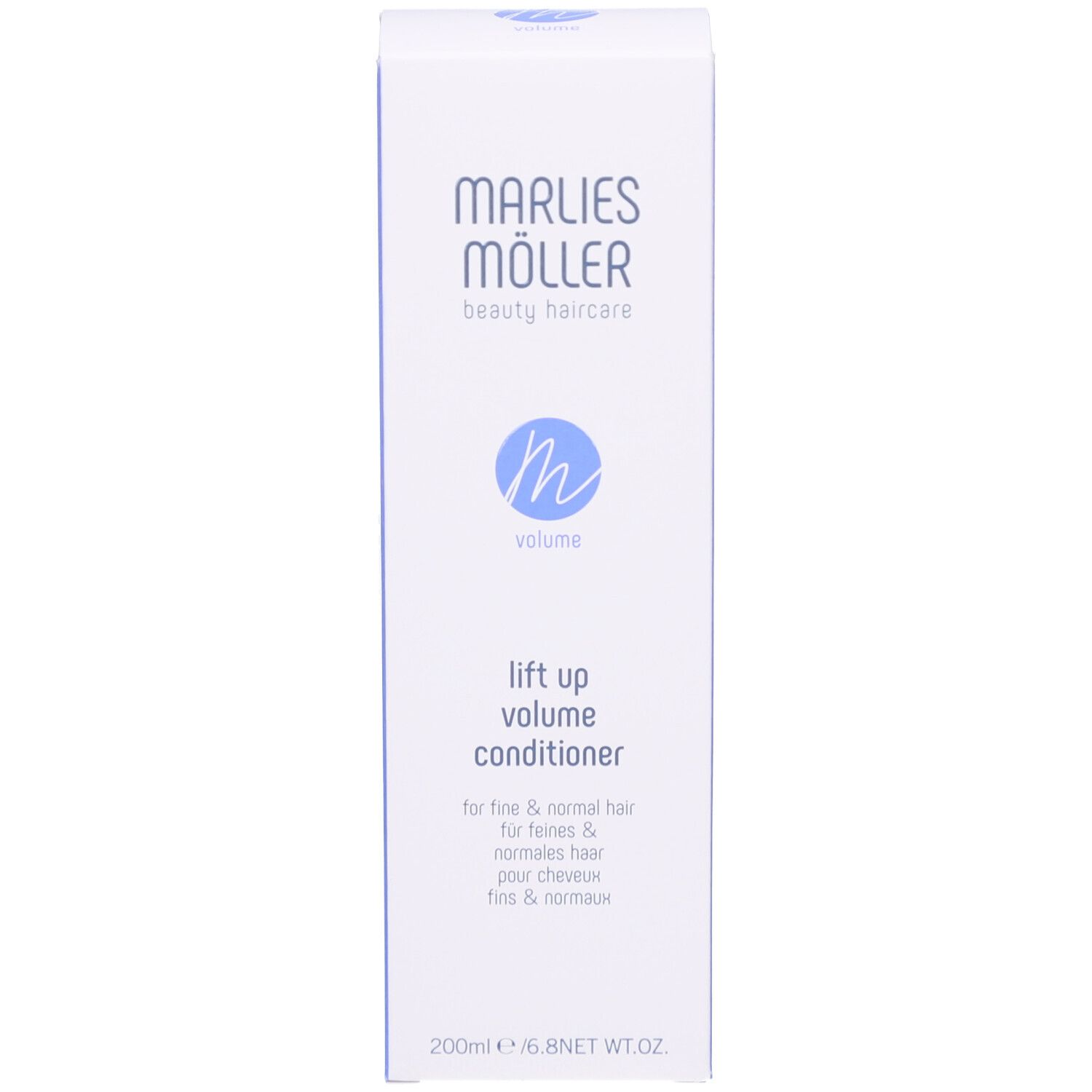 Emballage Marlies Möller Volume Conditioner. Emballage blanc avec écriture bleue.