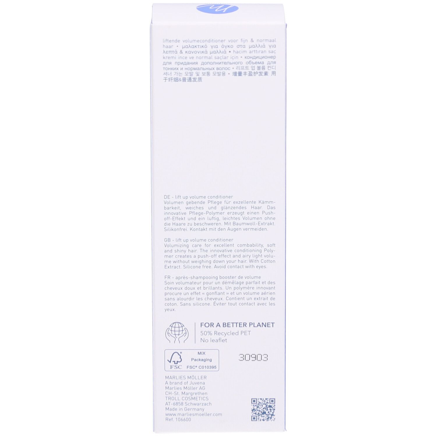 Côté de l'emballage Marlies Möller Volume Conditioner. Texte multilingue.