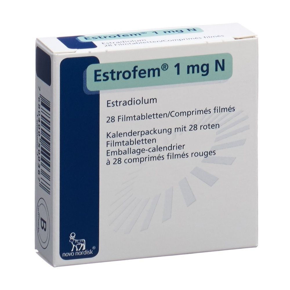Kartonpackung mit weißer und blauer Beschriftung. Aufschrift: Estrofem 1 mg N Filmtabl. 28 Stk.