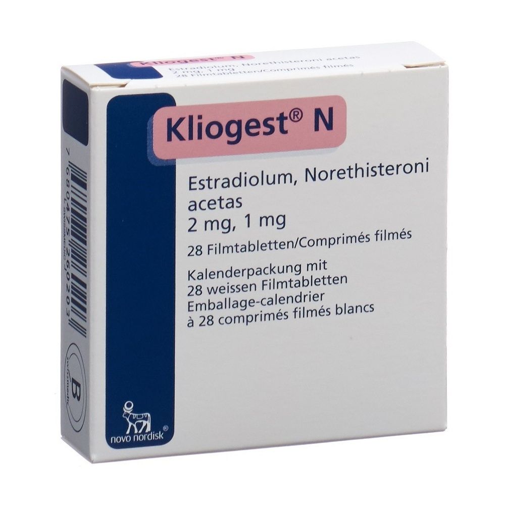 Karton mit Produktinformationen. Aufschrift: Kliogest N. Blaue und weiße Verpackung. Seitliche Ansicht.