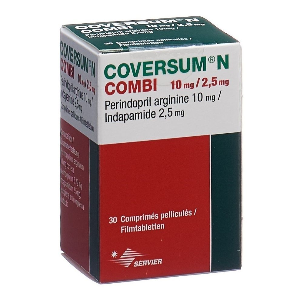 Kartonverpackung mit Produktinformationen. Grün-weißer Deckel, roter Streifen. Text: COVERSUM N Combi Filmtabl 10/2.5 mg.