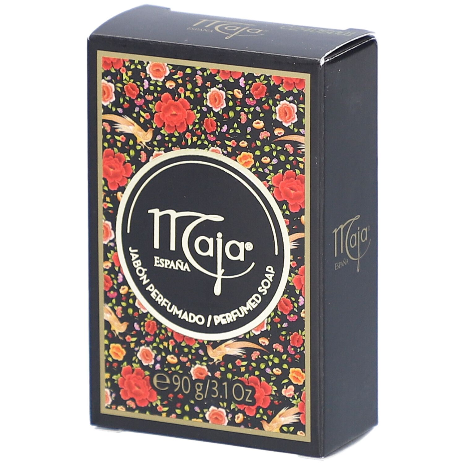 Schwarze Schachtel mit floralem Muster und dem Logo "Maja". Text: "Jabón Perfumado / Perfumed Soap". Gewicht: 90 g / 3.1 Oz.