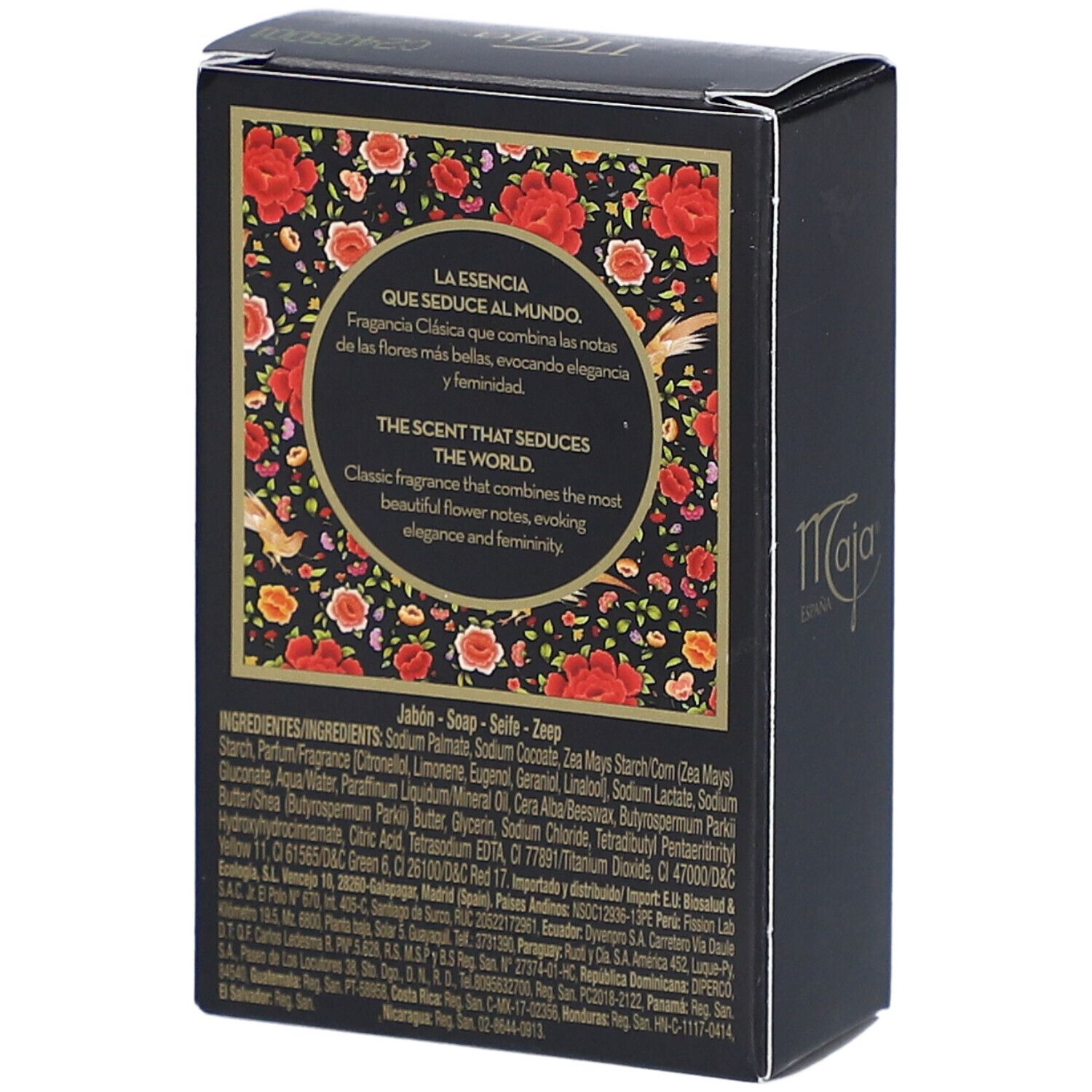 Rückseite der schwarzen Schachtel mit floralem Muster. Textabschnitte in Spanisch und Englisch. Logo "Maja". Zutatenliste.