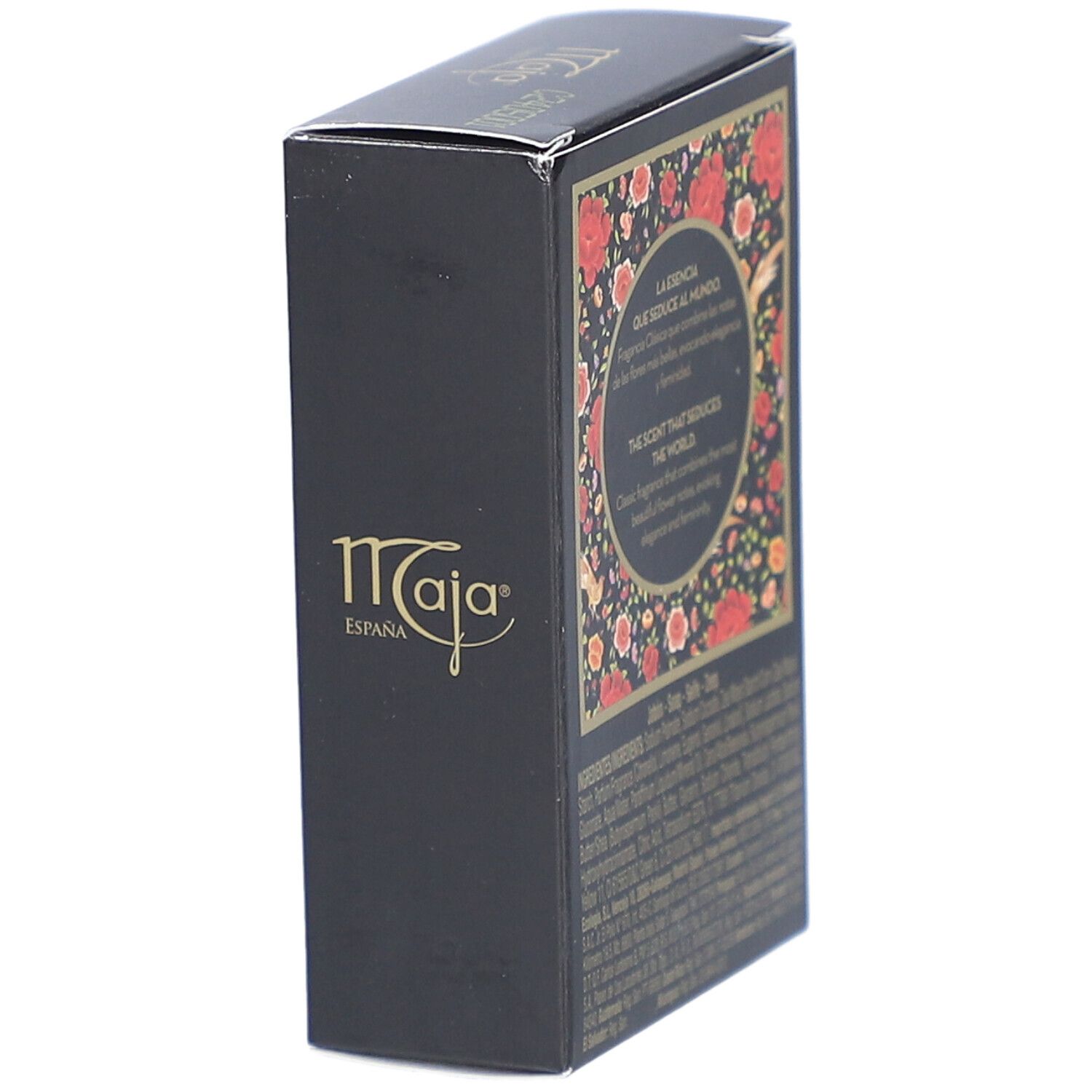 Seite der schwarzen Schachtel mit floralem Muster. Textabschnitte in Spanisch und Englisch. Logo "Maja".