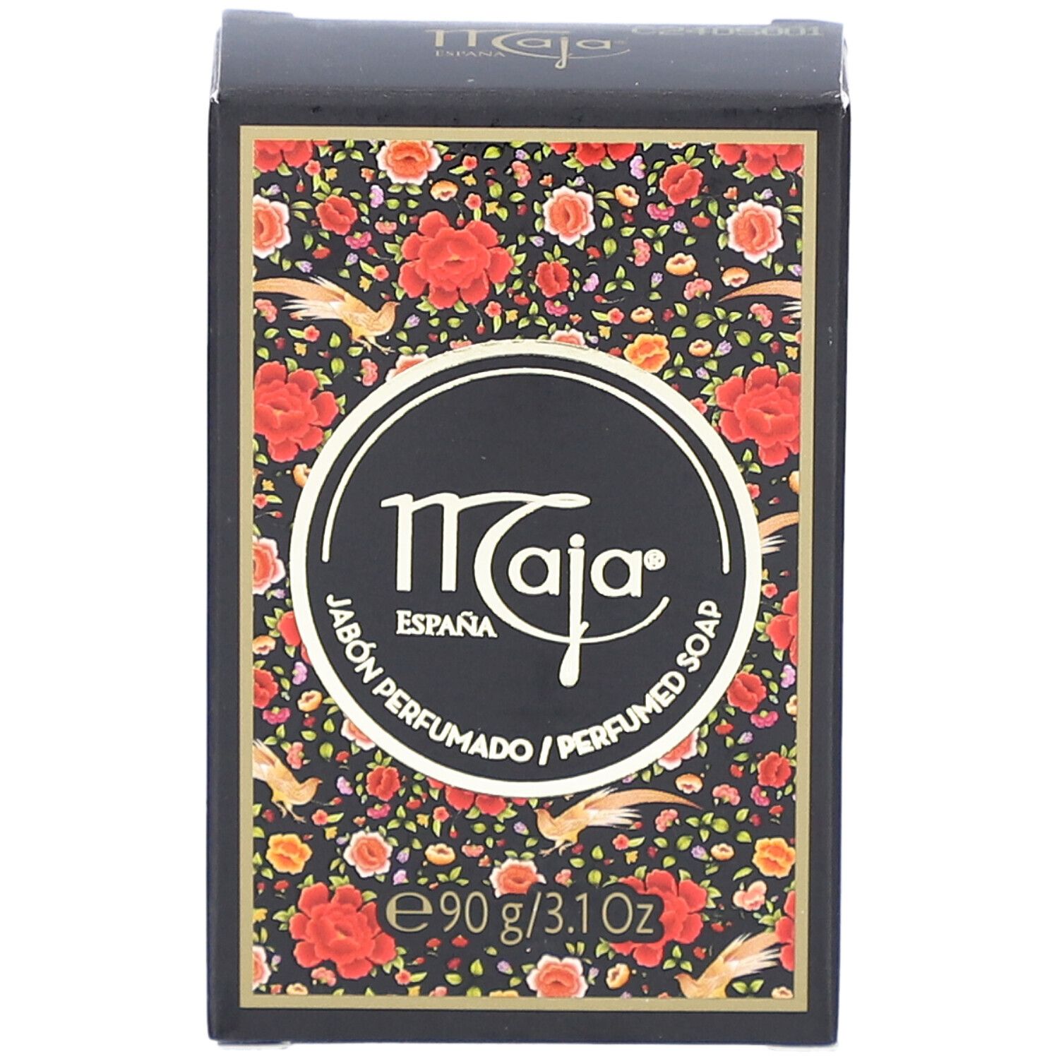 Draufsicht auf eine schwarze Schachtel mit floralem Muster und dem Logo "Maja". Text: "Jabón Perfumado / Perfumed Soap".