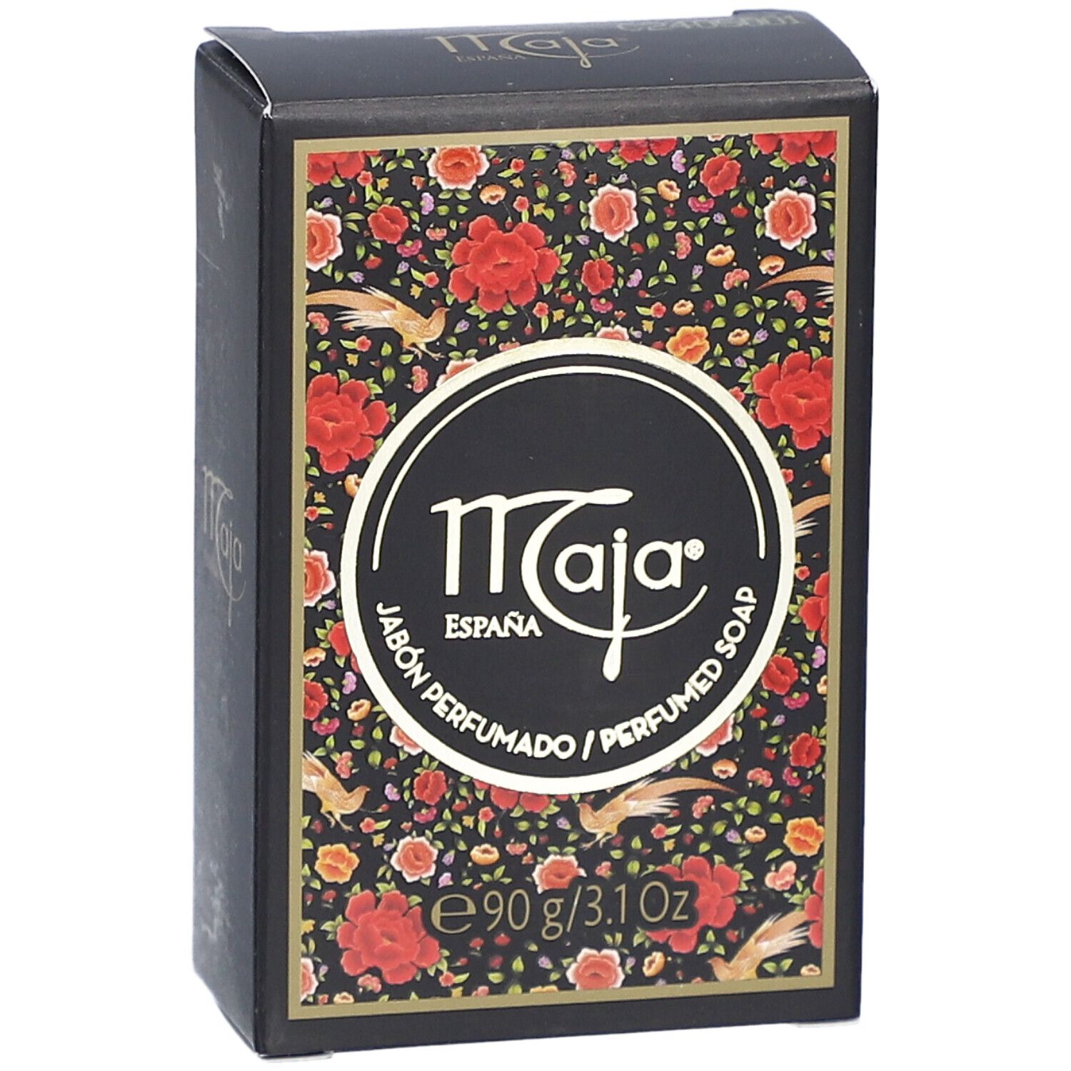 Schwarze Schachtel mit floralem Muster und dem Logo "Maja". Text: "Jabón Perfumado / Perfumed Soap". Gewicht: 90 g / 3.1 Oz.