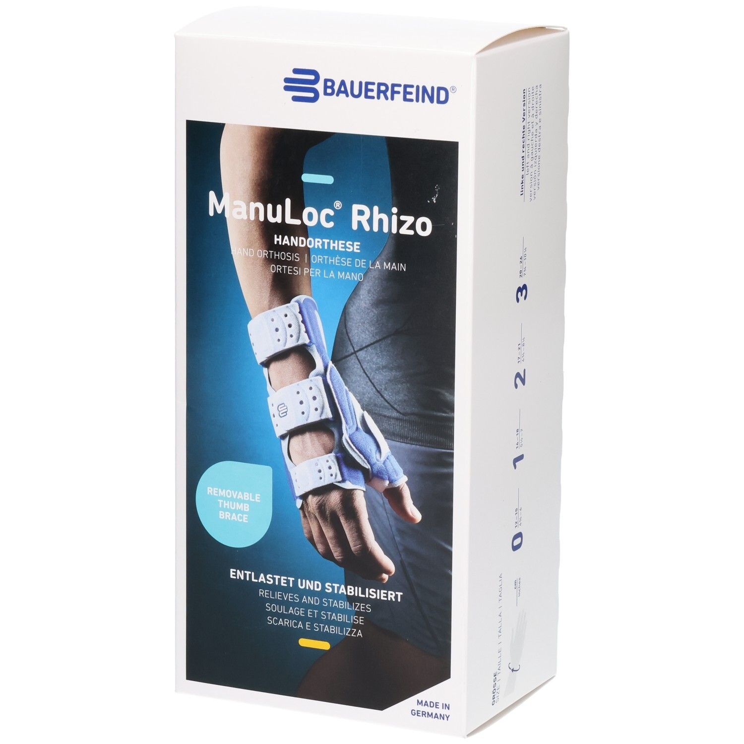 Bauerfeind ManuLoc Rhizo Handorthese Verpackung mit Abbildung einer Hand mit Orthese.