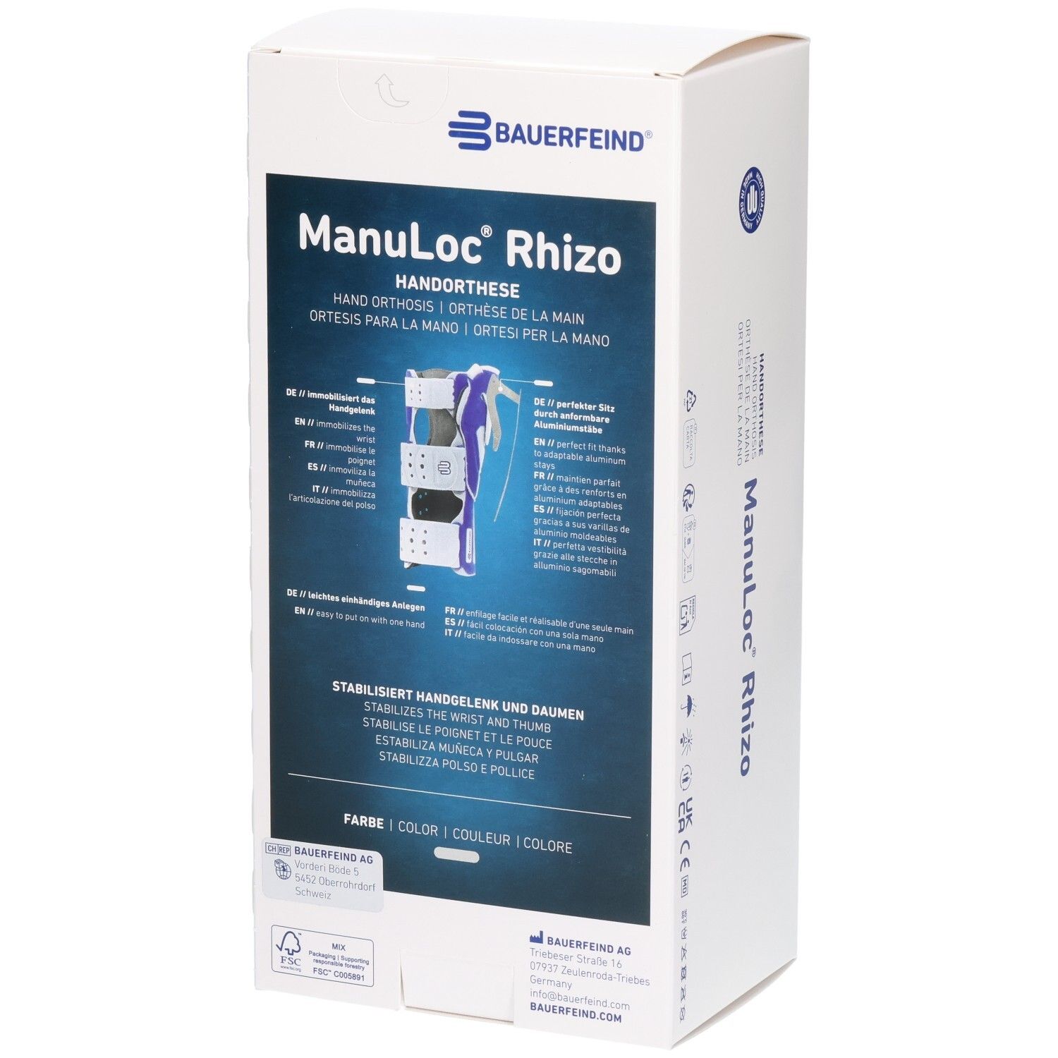 Rückseite der Bauerfeind ManuLoc Rhizo Handorthese Verpackung mit detaillierten Produktinformationen.