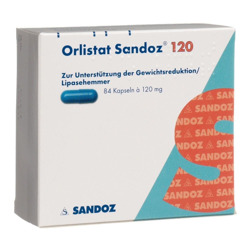 Karton von Orlistat Sandoz 120. Aufschrift: Orlistat Sandoz 120, blaue Schrift, orangefarbene und blaue Grafik. Sandoz Logo.