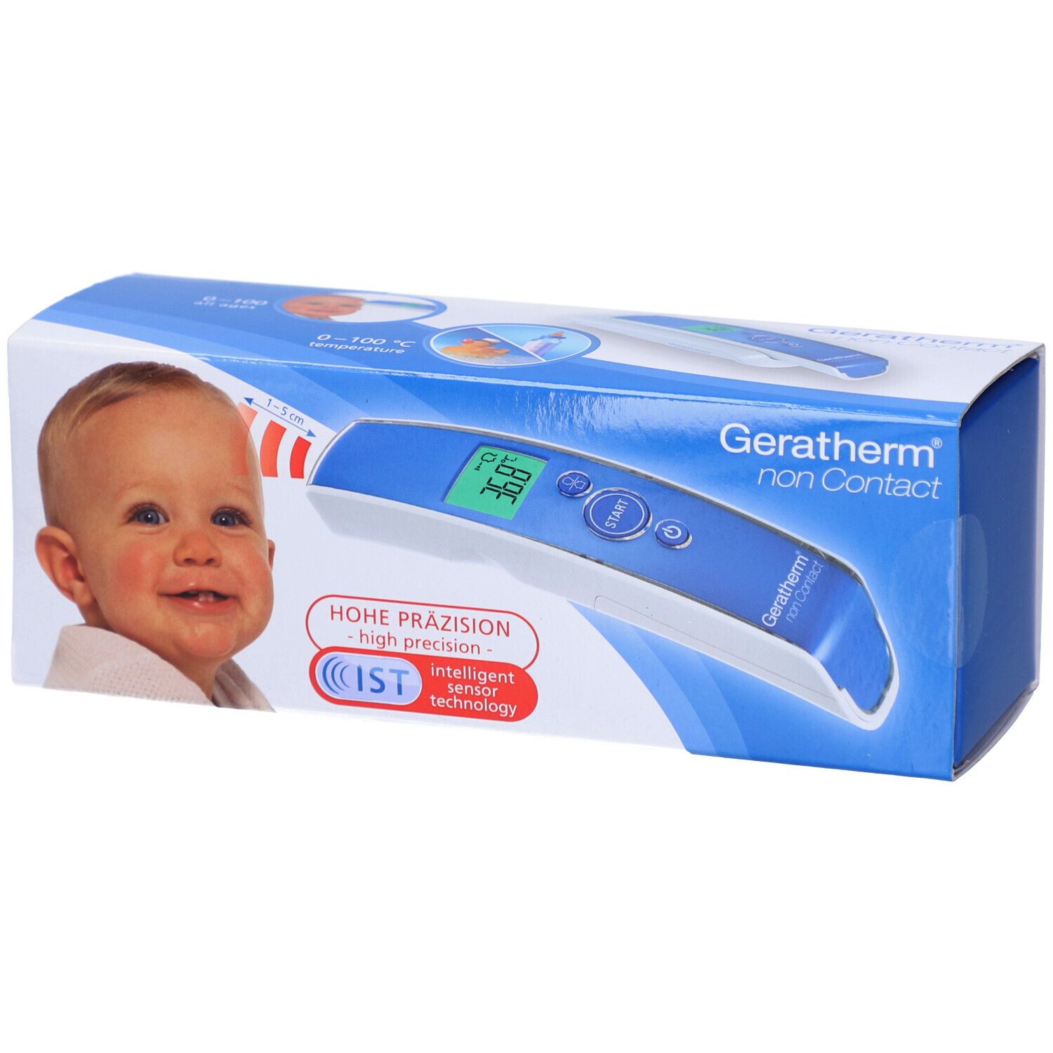Verpackung des Geratherm® Non Contact Infrarot-Stirnthermometers. Babygesicht. Blau-weiße Box mit Thermometer-Abbildung.