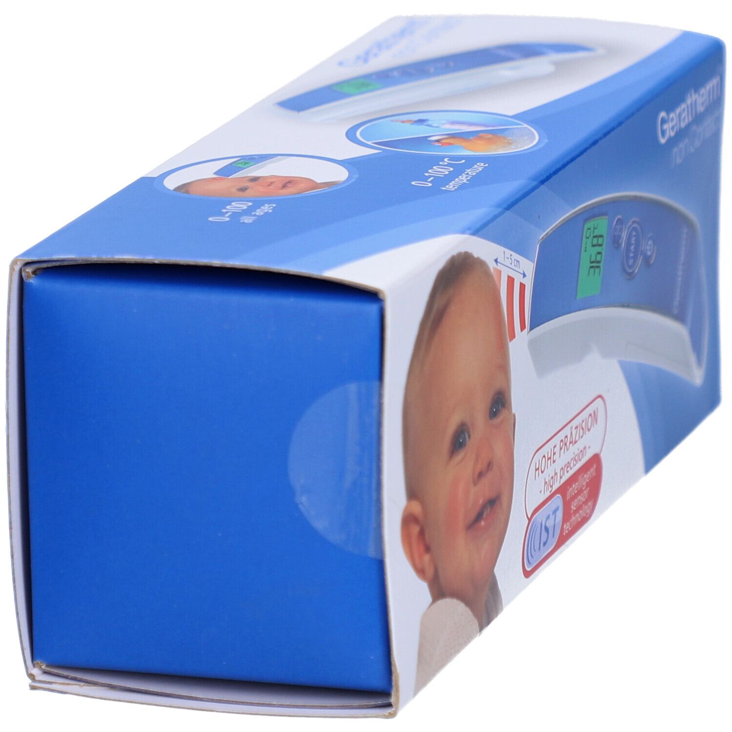 Blaue Verpackung des Geratherm® Non Contact Infrarot-Stirnthermometers. Babygesicht. Blaue Seite der Box.