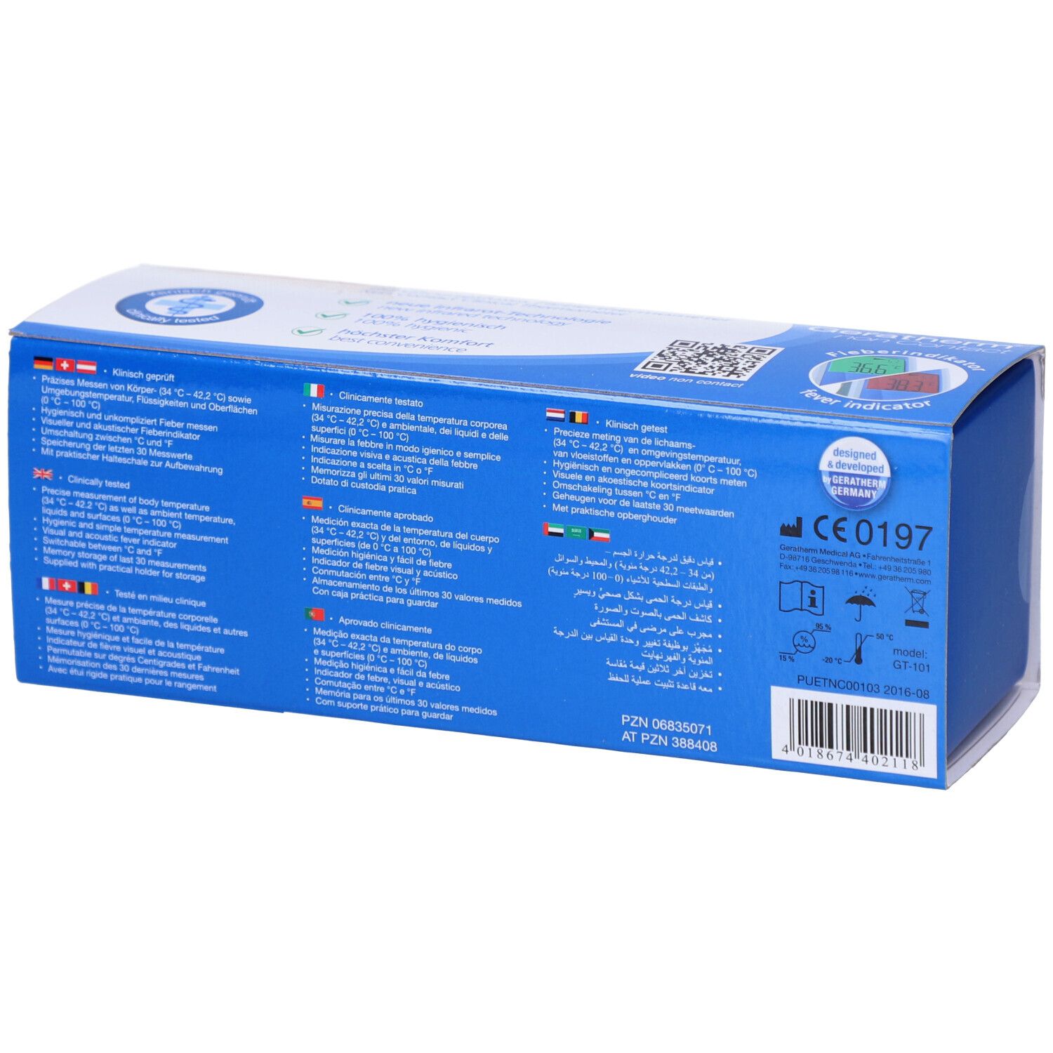 Rückseite der Verpackung des Geratherm® Non Contact Infrarot-Stirnthermometers. Mehrsprachige Produktinformationen.