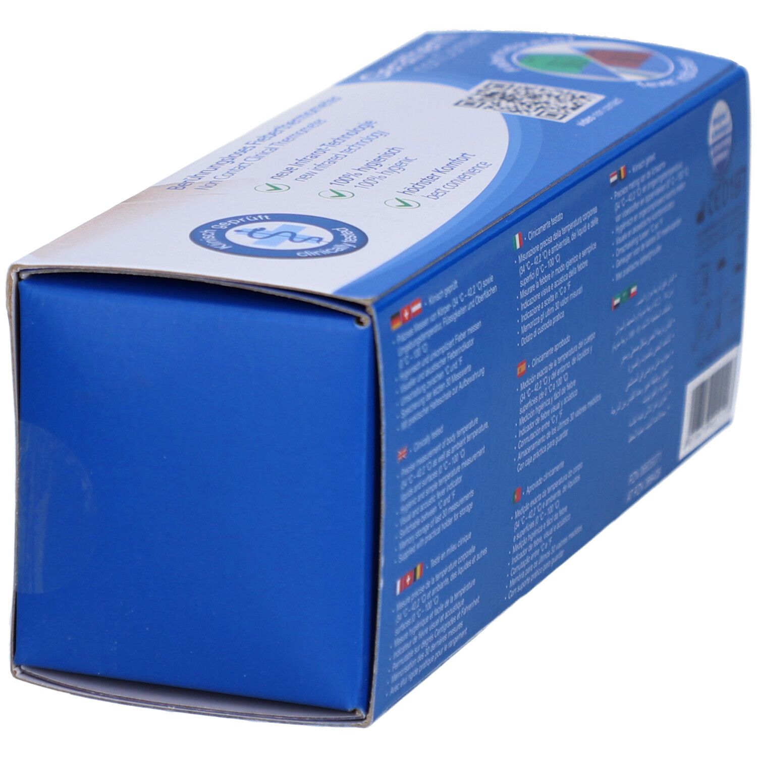 Blaue Verpackung des Geratherm® Non Contact Infrarot-Stirnthermometers. Blaue Seite der Box mit Text.