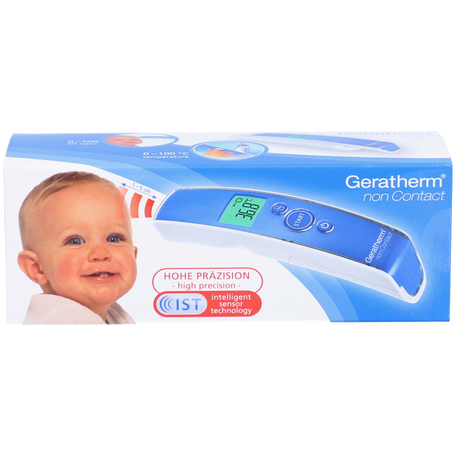 Verpackung des Geratherm® Non Contact Infrarot-Stirnthermometers. Babygesicht. Thermometer-Abbildung.