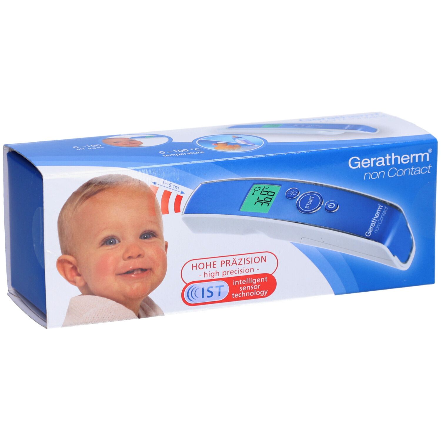 Verpackung des Geratherm® Non Contact Infrarot-Stirnthermometers. Babygesicht. Thermometer-Abbildung.
