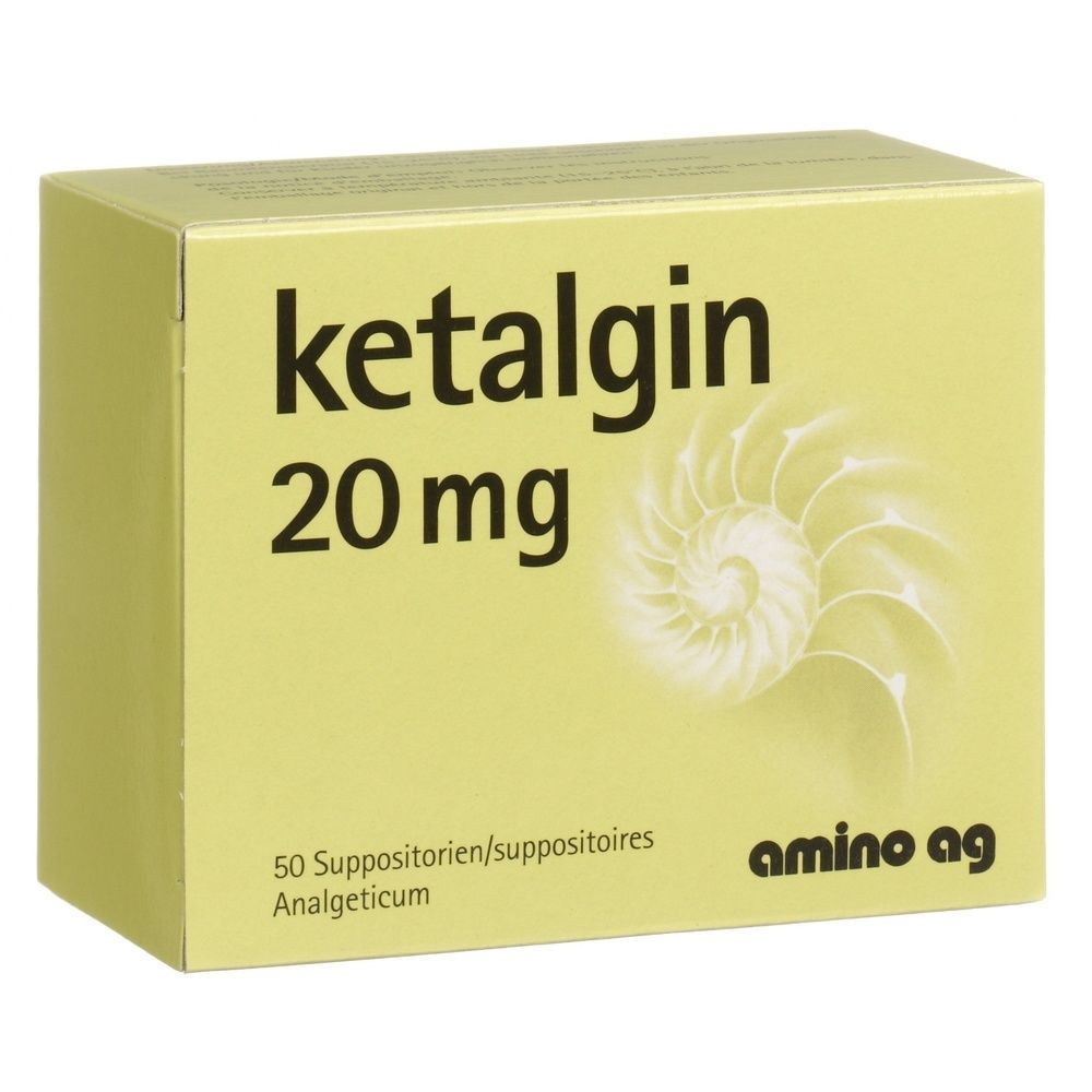 Boîte de Ketalgin 20mg. Emballage rectangulaire jaune avec nom et dosage. Logo avec motif d'escargot.