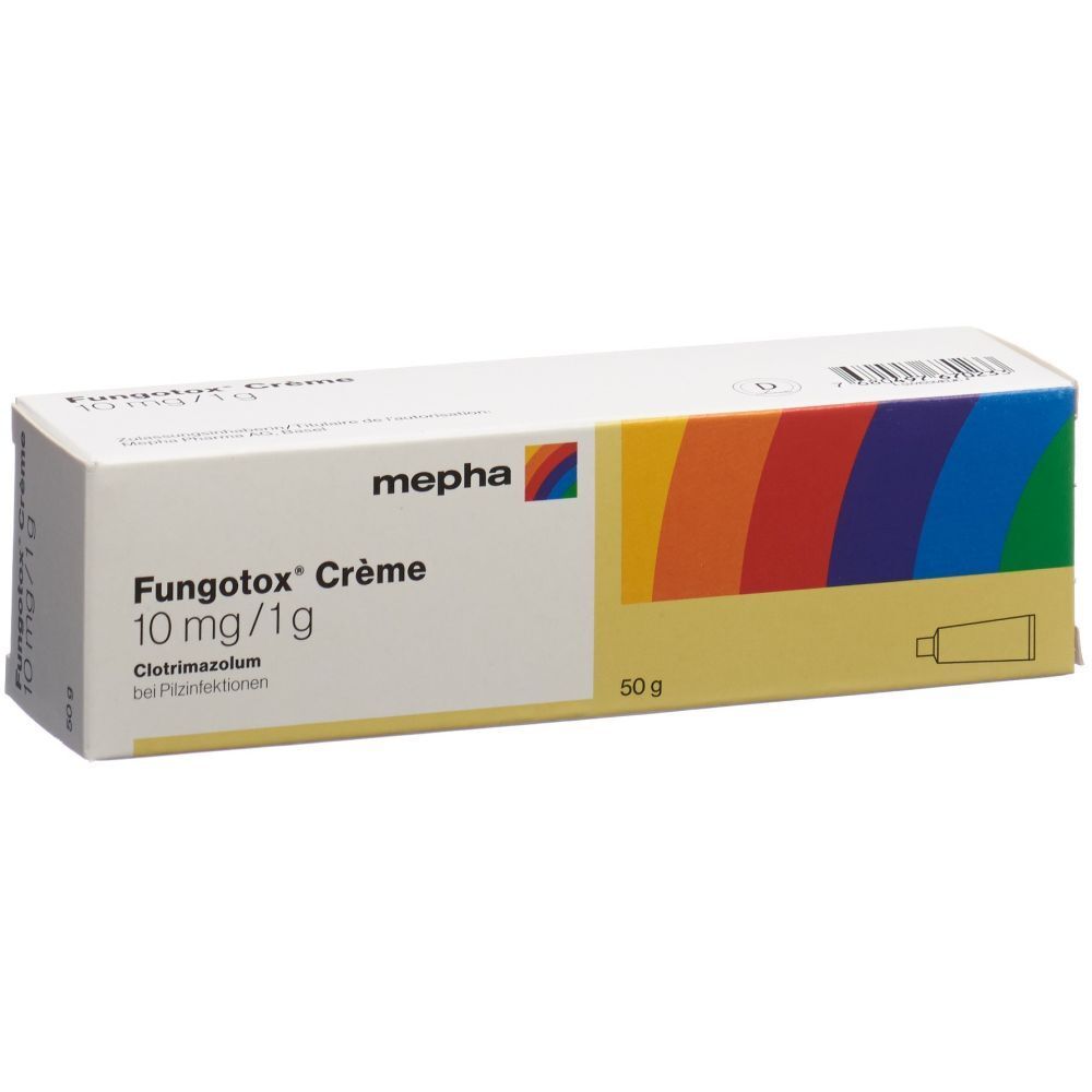 Karton mit Produktinformationen. Aufschrift: Fungotox Crème 10 mg/1g, Clotrimazolum, 50 g. Marke: mepha. Farbverlauf.