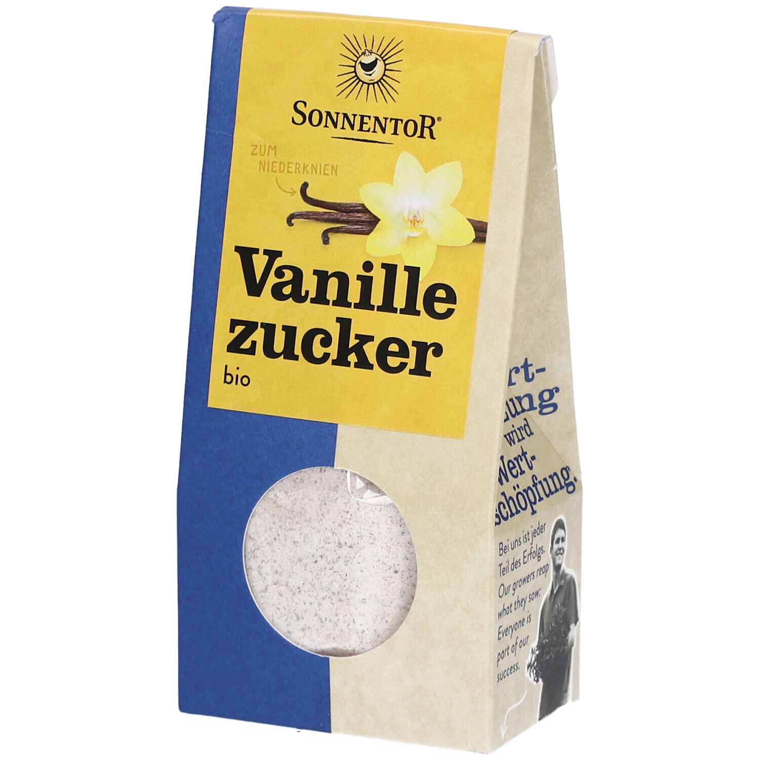 Emballage de sucre vanillé bio SONNENTOR. Fenêtre montrant le sucre. Impression jaune avec fleur de vanille et texte.