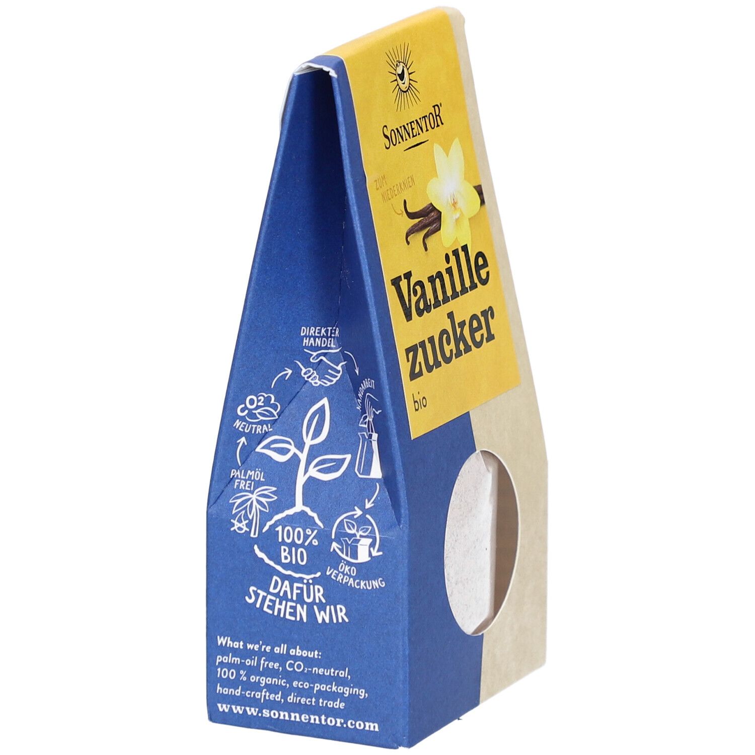 Emballage triangulaire SONNENTOR Vanillezucker bio. Couleurs bleu et jaune. Fenêtre. Logos et texte sur l'emballage.