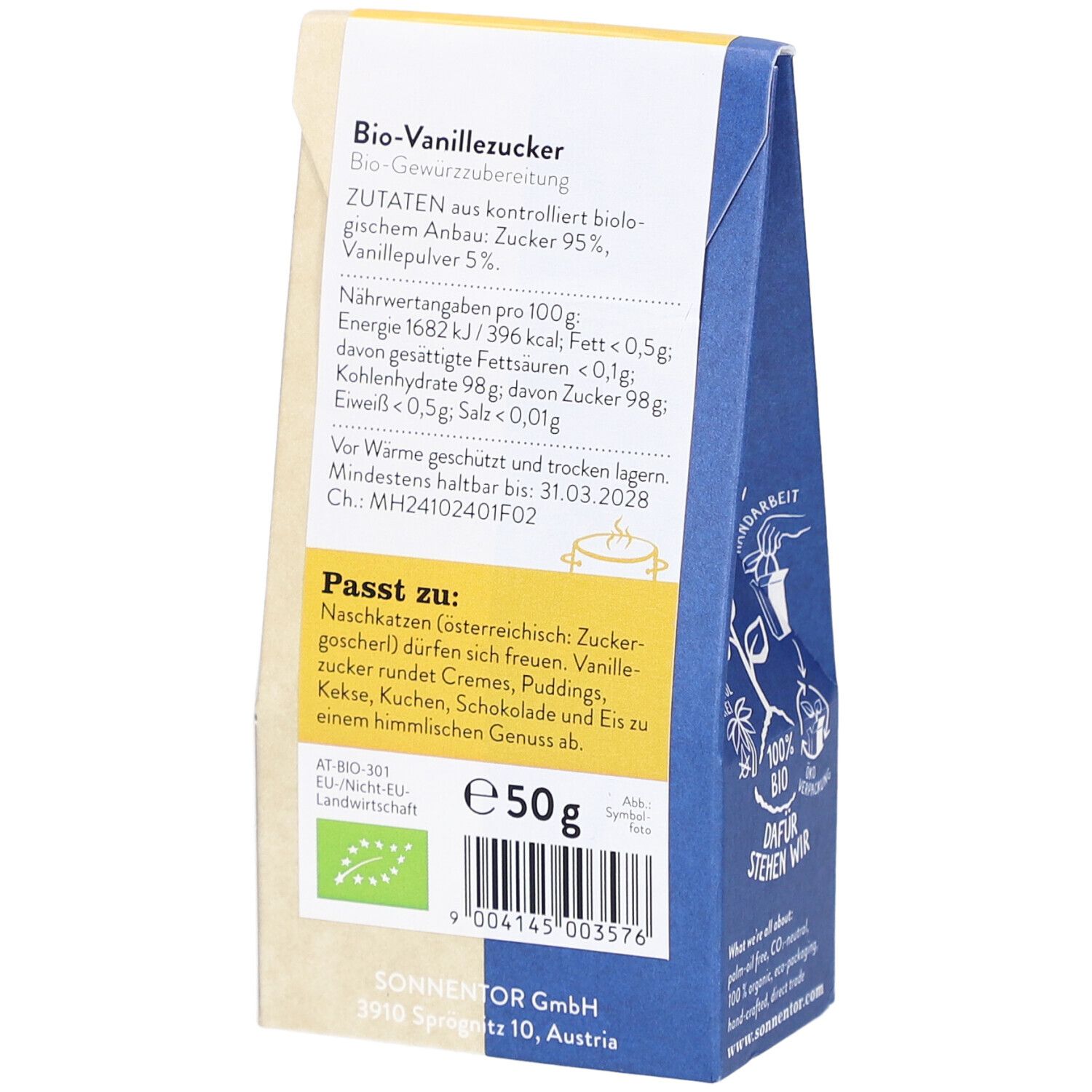 Dos de l'emballage SONNENTOR Vanillezucker bio. Contient informations nutritionnelles, liste des ingrédients et date limite.