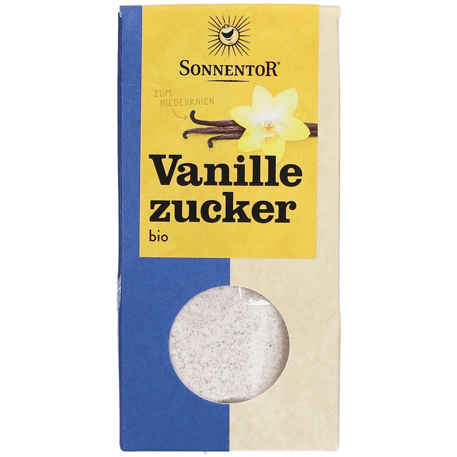 Emballage SONNENTOR Vanillezucker bio. Impression jaune avec fleur de vanille et texte. Fenêtre montrant le sucre.