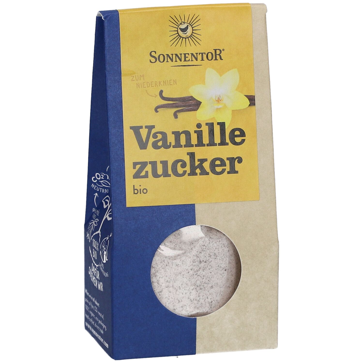 Emballage SONNENTOR Vanillezucker bio. Impression jaune avec fleur de vanille et texte. Fenêtre montrant le sucre.