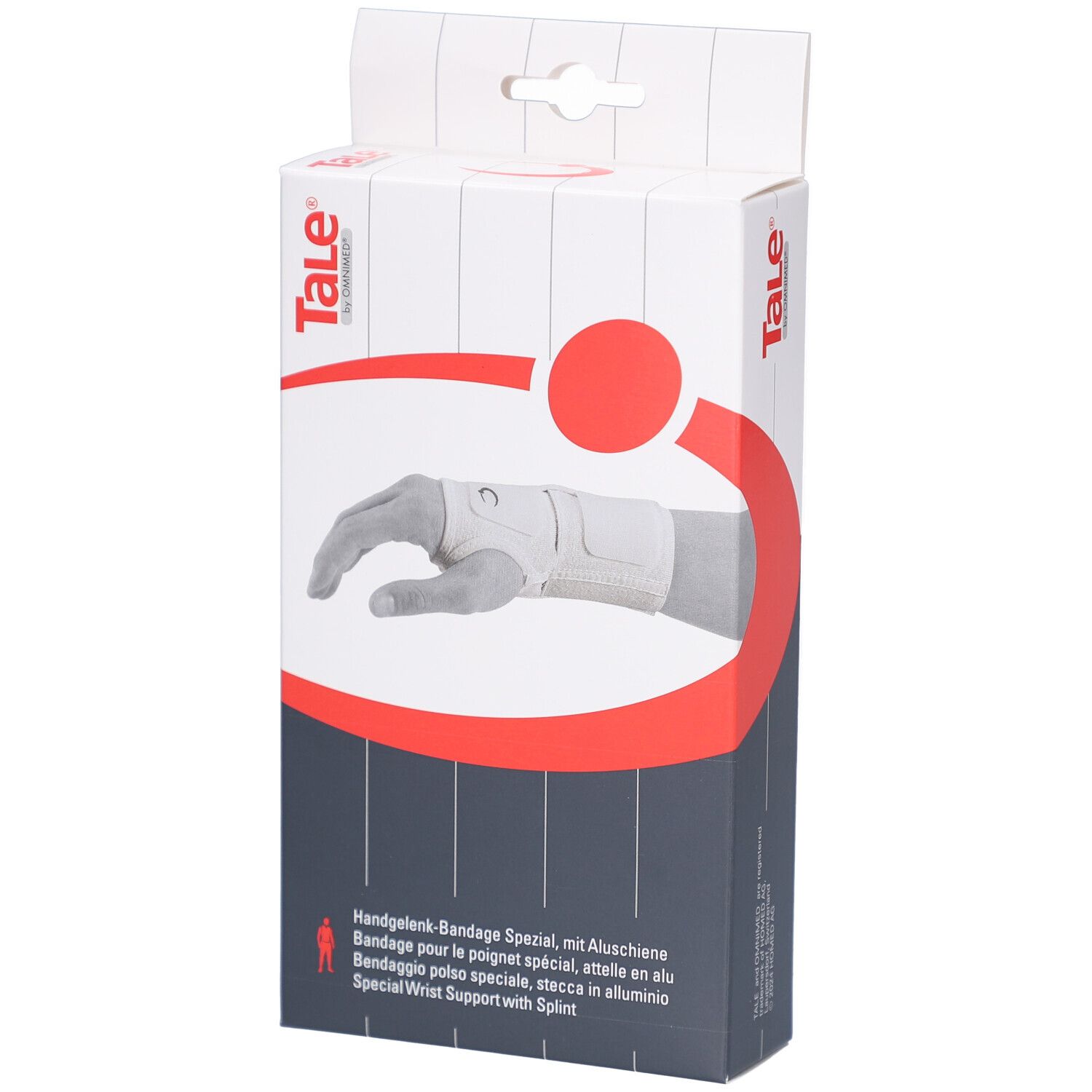 Verpackung mit Handgelenkbandage. Abbildung eines Handgelenks mit Bandage. Marke TaLe. Text: Handgelenk-Bandage Spezial.