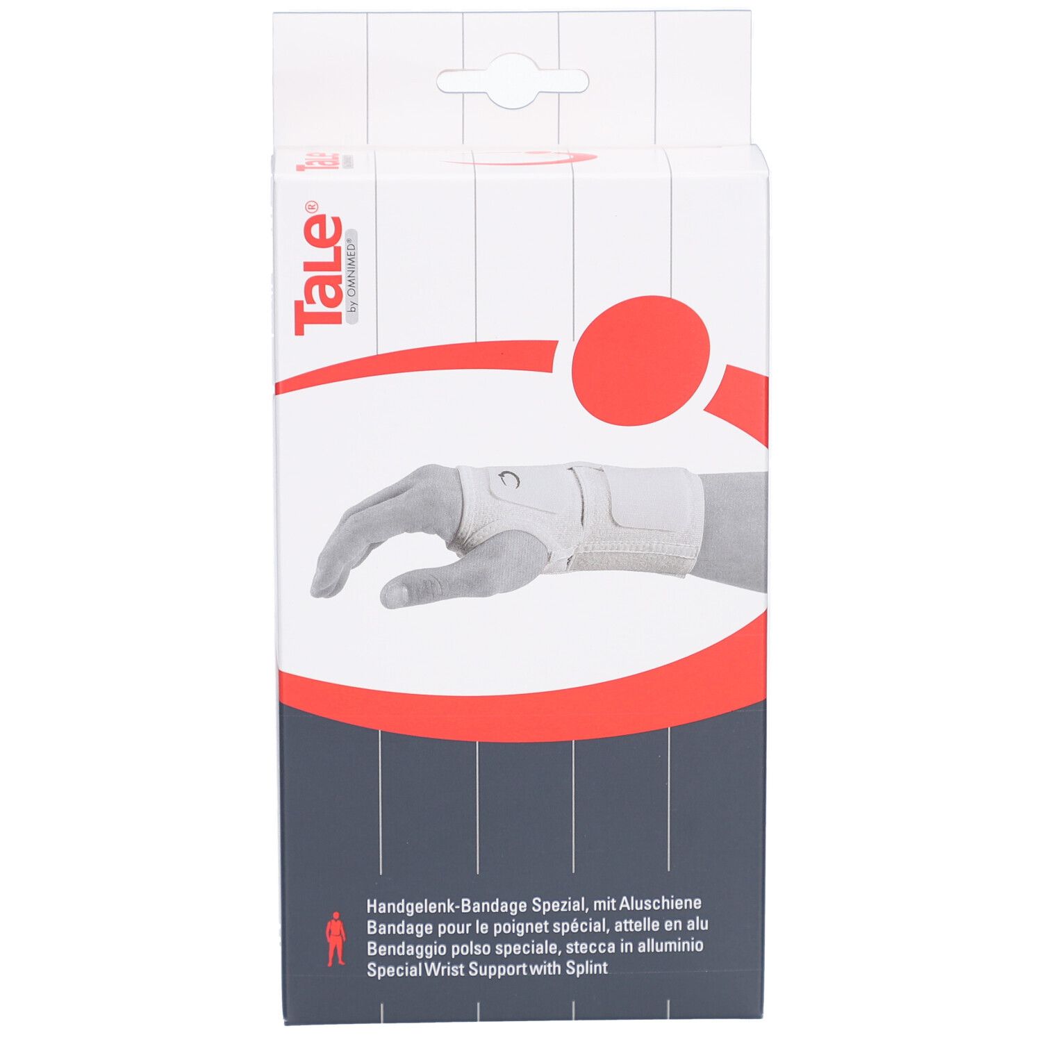 Verpackung mit Handgelenkbandage. Abbildung eines Handgelenks mit Bandage. Marke TaLe. Text: Handgelenk-Bandage Spezial.