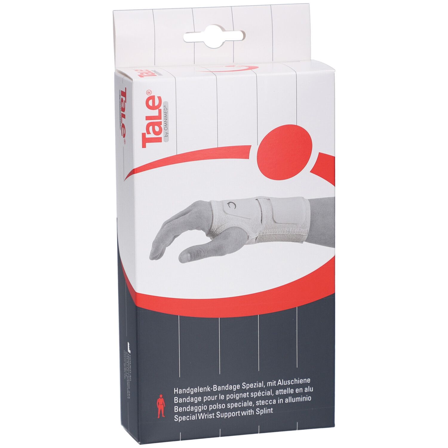 Verpackung mit Handgelenkbandage. Abbildung eines Handgelenks mit Bandage. Marke TaLe. Text: Handgelenk-Bandage Spezial. Größe L.