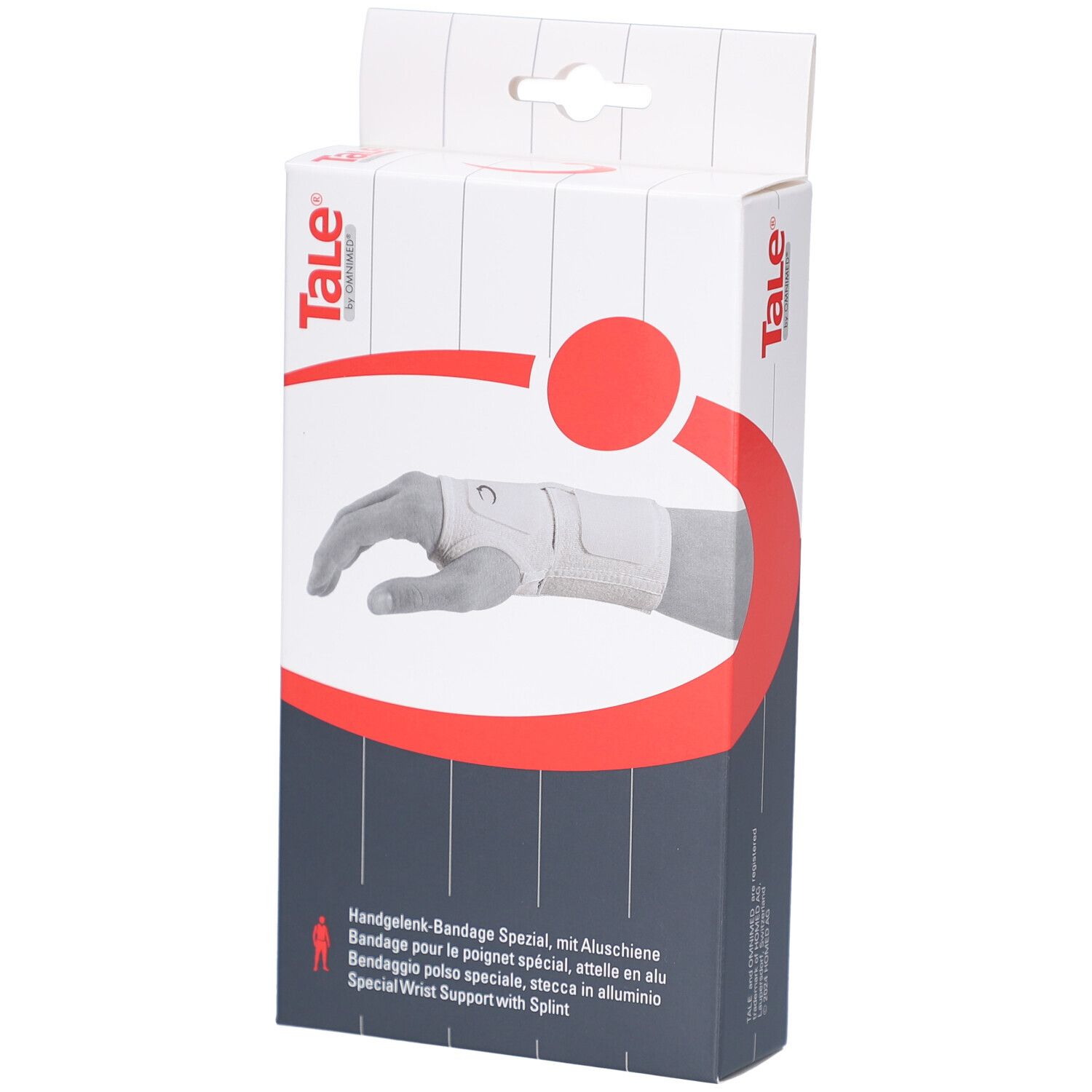 Verpackung der Handgelenkbandage Spezial mit Alu-Schiene. Zeigt ein Handmodell mit Bandage. Text: Tale, Handgelenk-Bandage Spezial.