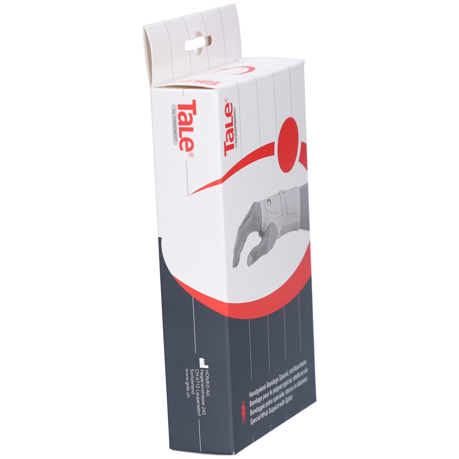 Seitenansicht der Verpackung der Handgelenkbandage. Zeigt das Tale Logo und Produktinformationen. Weiß, rot und grau.